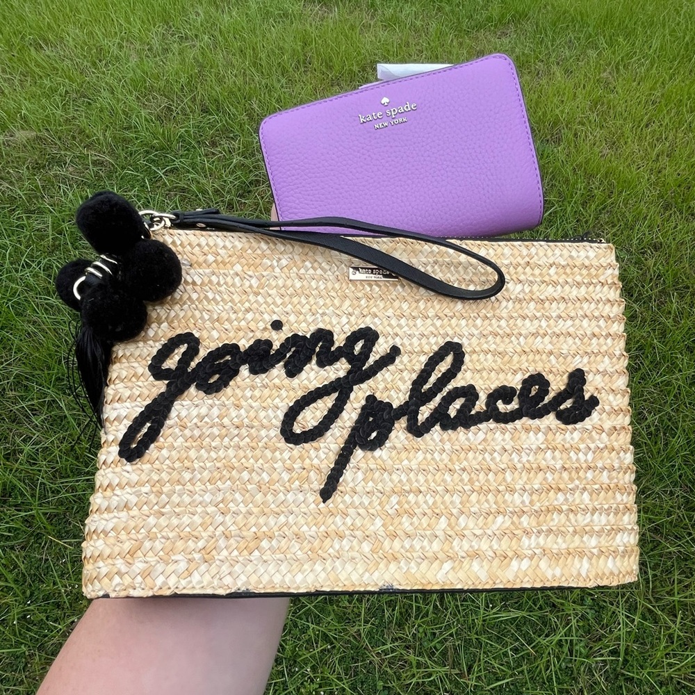 EUC Kate Spade Straw Going Places Clutch and NWT Purple Bifold Wallet